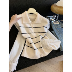 批发实拍假两件针织开衫女新款时尚韩系穿搭条纹毛衣外套秋季女装上衣