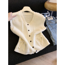 批发实拍日系<b class='q'>甜美</b>针织开衫马甲女U领蝴蝶结花边显瘦百搭坎肩背心上衣