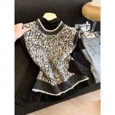 批发实拍时尚撞色提花宽松无袖针织马甲春<b class='q'>秋</b>新款坎肩配打底长袖套装女