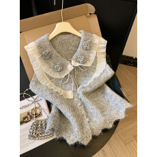 批发实拍法式设计感蕾丝亮片针织衫女秋冬新款慵懒风毛衣<b class='q'>马甲</b>上衣女