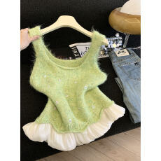 批发实拍<b class='q'>甜美</b>亮片短款针织马甲女背心新款日系温柔风叠穿显瘦毛衣上衣
