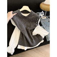 批发实拍冬季新款圆领亮片钉珠无袖针织马甲女+长袖<b class='q'>打底衬衫</b>两件套