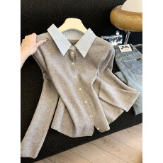 实拍新款气质拼接条纹翻领假两件开衫针织衫女冬季加厚毛衣女