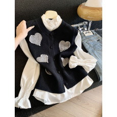 批发实拍早春新款<b class='q'>甜美</b>学院风爱心图案针织马甲女开衫背心衬衣外搭套装