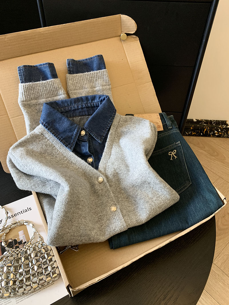 MY16897# 高级针织衫秋冬假两件品质好设计感休闲百搭毛衣牛仔上衣女女...