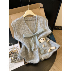 批发实拍蝴蝶结针织马甲女秋冬外穿坎肩无袖背心毛衣开衫上衣配娃娃