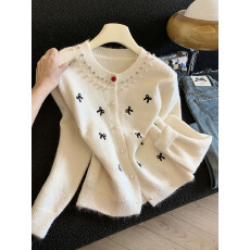 批发实拍新款蝴蝶结钉珠宽松显瘦百<b class='q'>搭</b><b class='q'>长袖</b>针织<b class='q'>开衫</b>女毛衣外套上衣女