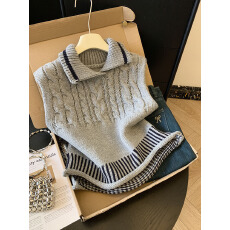 批发实拍冬季新款女装学院风肌理绞花撞色收腰无袖针织衫马甲背心上衣