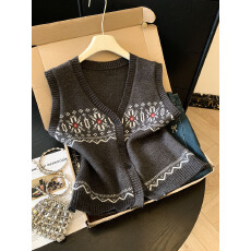 批发实拍秋冬新款韩系简约休闲百搭撞色设计感提花圆领针织马甲上衣女