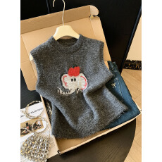 批发实拍设计感卡通刺绣圆领灰色针织马甲女冬季叠穿宽松无袖毛衣背心