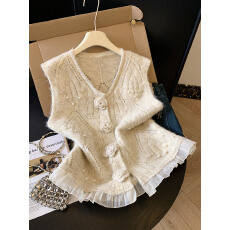 批发实拍新款小香风立体花朵钉珠针织马甲女毛衣秋冬ins减龄上衣女