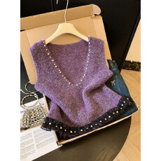 批发实拍马甲新款设计感v领钉珠蕾丝拼接针织坎肩女背心气质叠穿上衣