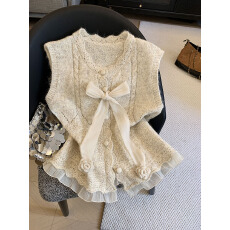 批发实拍蕾丝拼接蝴蝶结马甲女冬季软糯针织背心法式无袖小上衣女