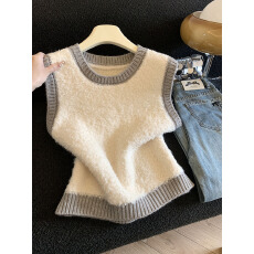 批发实拍春季新款叠穿外搭<b class='q'>甜美</b>套头圆领拼色无袖针织马甲背心撞色毛衣