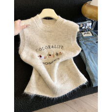 批发实拍<b class='q'>甜美</b>风刺绣针织马甲背心女春秋宽松外穿叠穿外搭毛衣坎肩上衣