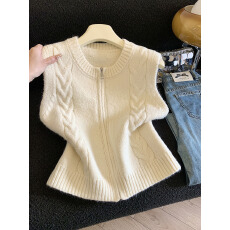 批发实拍秋冬新款叠穿马甲麻花纹坑条圆领针织衫毛衣拉链设计<b class='q'>百搭</b>上衣