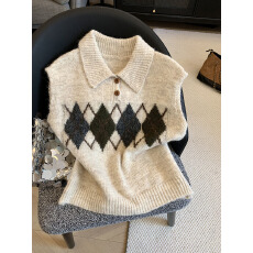 批发实拍慵懒风复古撞色翻领菱格气质长袖女秋冬新款宽松<b class='q'>百搭</b>chic上衣