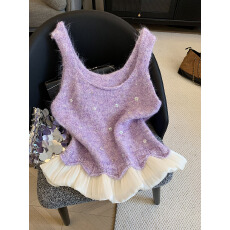 批发实拍<b class='q'>甜美</b>亮片短款针织马甲女背心新款日系温柔风叠穿显瘦毛衣上衣