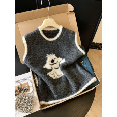 批发实拍俏皮狗提花叠穿减龄毛衣马甲女秋冬慵懒<b class='q'>百搭</b>宽松显瘦针织上衣