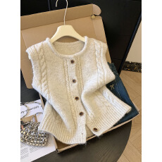 批发实拍秋冬复古麻花纽扣圆领针织马甲女叠穿时尚休闲无袖<b class='q'>百搭</b>上衣潮