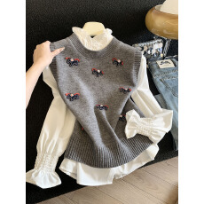 实拍韩系无袖刺绣小马针织马甲女秋季叠穿软糯毛衣+长袖上衣套装