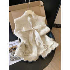 批发实拍法式温柔风立体花朵针织马甲女秋冬<b class='q'>百搭</b>叠穿蝴蝶结毛衣背心