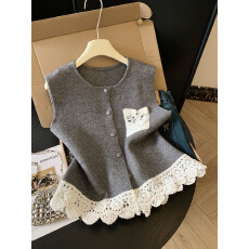 批发实拍韩系毛衣马甲女秋冬蕾丝拼接宽松<b class='q'>百搭</b>叠穿外搭针织背心开衫