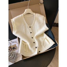 批发实拍日系<b class='q'>甜美</b>针织开衫马甲女U领蝴蝶结花边显瘦百搭坎肩背心上衣