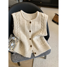 批发实拍秋冬复古麻花纽扣圆领针织马甲女叠穿时尚休闲无袖<b class='q'>百搭</b>上衣潮