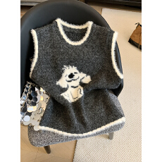 批发实拍俏皮狗提花叠穿减龄毛衣马甲女秋冬慵懒<b class='q'>百搭</b>宽松显瘦针织上衣