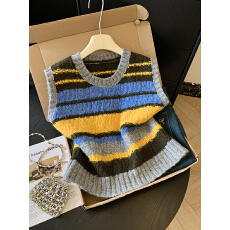 批发实拍韩系复古撞色条纹圆领毛衣女秋冬新款宽松慵懒时髦<b class='q'>百搭</b>针织衫