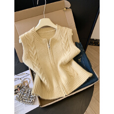 批发实拍秋冬新款叠穿马甲麻花纹坑条圆领针织衫毛衣拉链设计<b class='q'>百搭</b>上衣