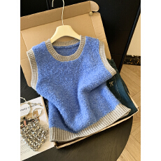 批发实拍春季新款叠穿外搭<b class='q'>甜美</b>套头圆领拼色无袖针织马甲背心撞色毛衣