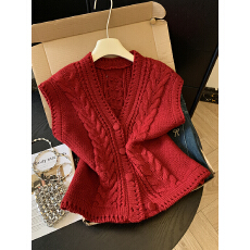 批发实拍复古麻花毛衣马甲女短款春秋高级感叠穿<b class='q'>百搭</b>V领无袖针织背心