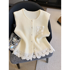 批发实拍韩系毛衣马甲女秋冬蕾丝拼接宽松<b class='q'>百搭</b>叠穿外搭针织背心开衫