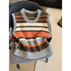 批发实拍韩系复古撞色条纹圆领毛衣女秋<b class='q'>冬</b>新款宽松慵懒时髦百搭针织衫