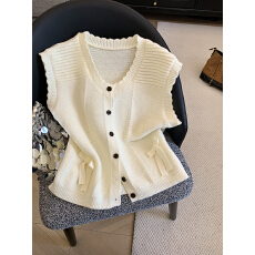 批发实拍日系<b class='q'>甜美</b>针织开衫马甲女U领蝴蝶结花边显瘦百搭坎肩背心上衣