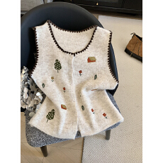 批发实拍韩系卡通花边圆领针织马甲女秋<b class='q'>冬</b>叠穿背心马夹毛衣开衫潮