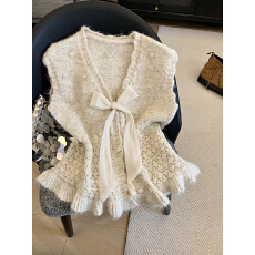 批发实拍蝴蝶结V领针织马夹开衫女<b class='q'>冬</b>季韩系独特漂亮毛衣打底马甲上衣