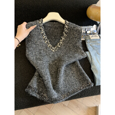 批发实拍新款重工亮片V领针织背心马甲女叠穿秋<b class='q'>冬</b>巨好看短款无袖上衣