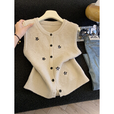 批发实拍复古提花减龄单排扣无袖坎肩针织马甲<b class='q'>秋</b>季叠穿背心慵懒风上衣