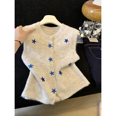 批发实拍韩版立体海星无袖针织衫女春季款撞色毛衣<b class='q'>开衫</b>慵懒显瘦马甲