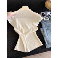 批发实拍新款韩系<b class='q'>甜美</b>马甲半高领钉珠短袖打底衫女春季显瘦针织上衣