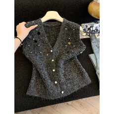 批发实拍V领重工亮片针织马甲女<b class='q'>冬</b>季新款开衫百搭显瘦高级感背心上衣