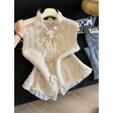 批发实拍新款<b class='q'>甜美</b>蕾丝拼接立体花朵针织开衫女春秋超好看叠穿上衣女