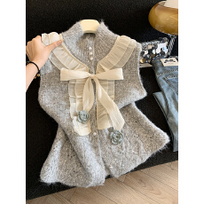 批发实拍温柔风立体花朵设计感针织马甲女早春季叠穿蝴蝶结毛衣背心