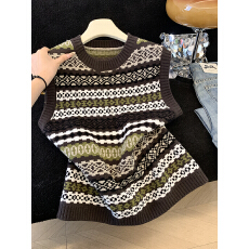 批发实拍复古撞色条纹圆领针织马甲女<b class='q'>冬</b>季叠穿宽松百搭无袖毛衣背心潮