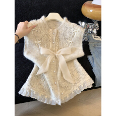 批发实拍叠穿马甲上衣女2026春季新款蝴蝶结高级感宽松坎肩马夹毛衣