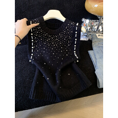 批发实拍针织马甲女叠穿外穿毛衣坎肩春秋<b class='q'>冬</b>新款镶钻钉珠无袖打底上衣