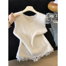 批发实拍春季新款高级设计感圆领蕾丝花边拼接宽松蝴蝶结马夹上衣女